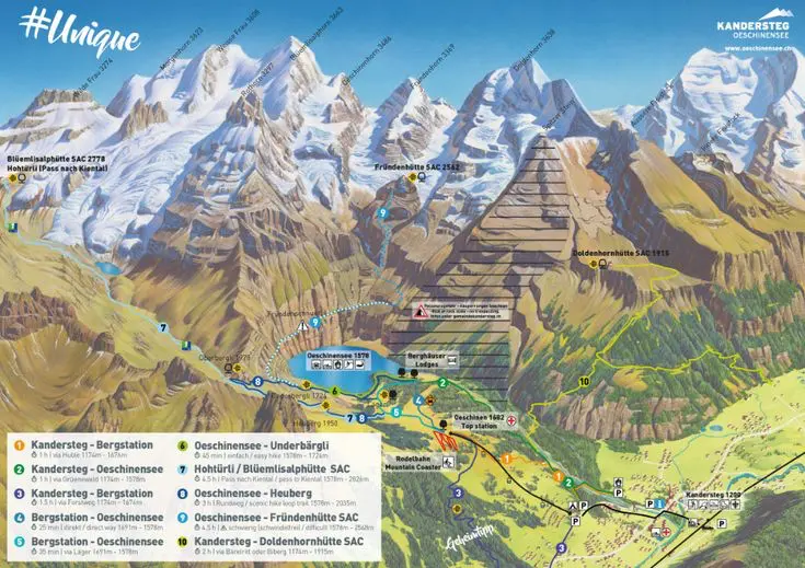 Hiking trail map of Oeschinensee and Kandersteg showing all routes, gondola station, and surrounding peaks including BlĂĽemlisalp and FrĂĽndenhĂĽtte, Swiss Alps