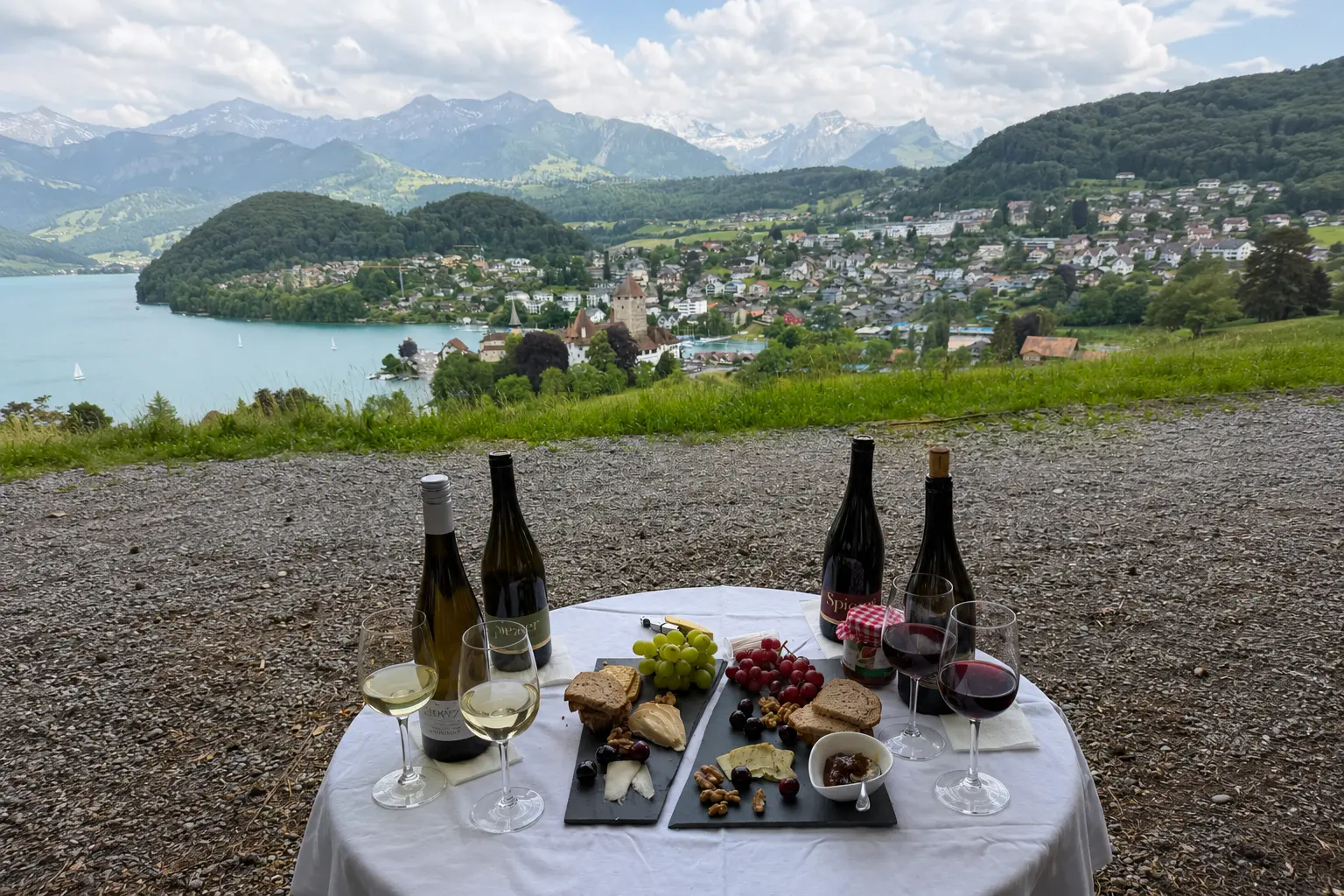 Wine and cheese tasting above Lake Thun with Spiez Castle, Alpine Weinkultur wine tour from Interlaken