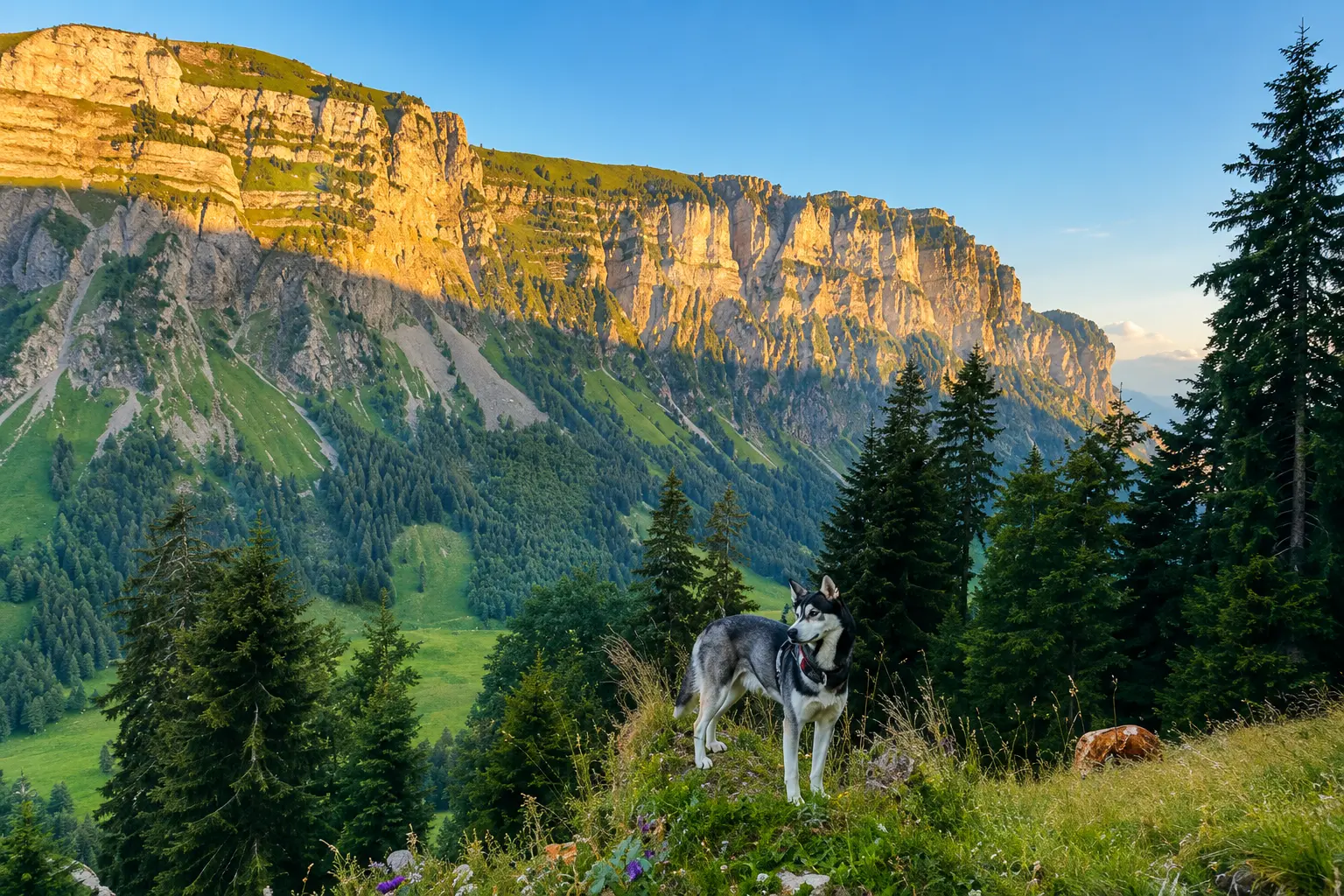 Husky dog on alpine hillside with dramatic cliff face and green valley, Justistal Bernese Oberland, farm tour from Interlaken