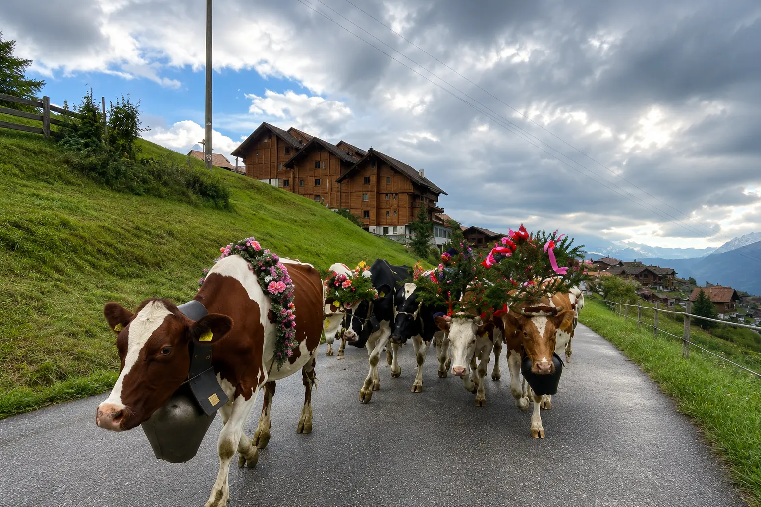 Decorated Swiss dairy cows with flower garlands and cow bells during Alpabzug descent from alpine pastures, Bernese Alps