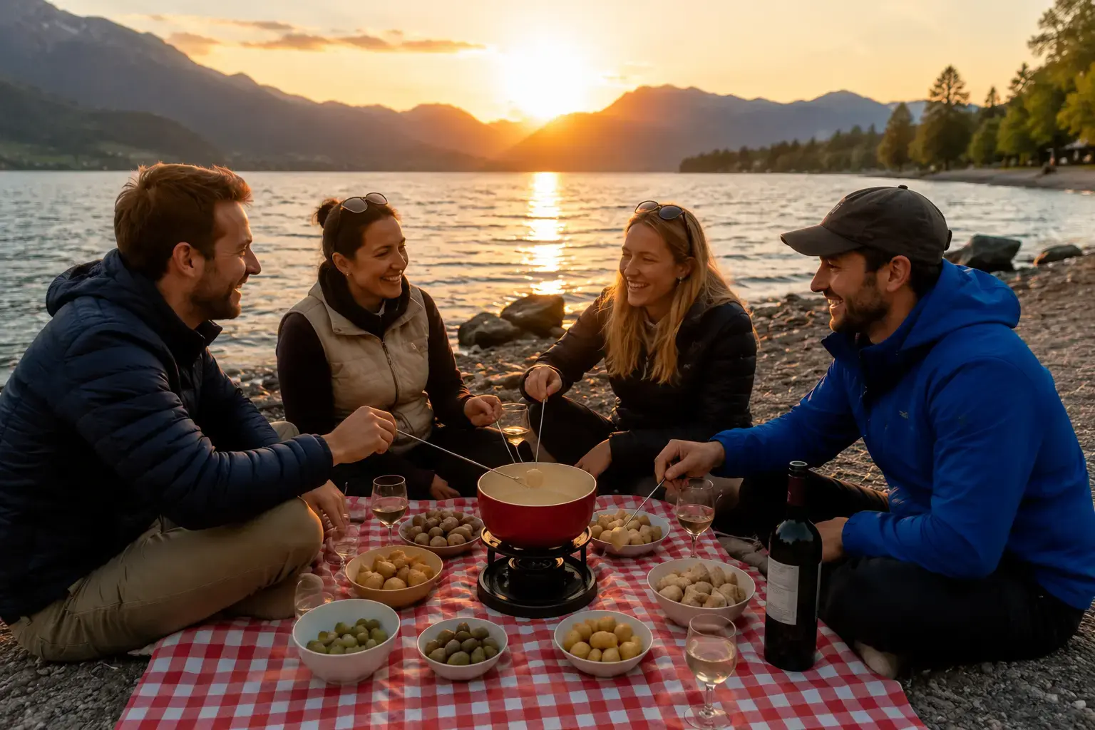 Four friends sharing Swiss cheese fondue on the lakeshore at sunset, summer evening on Lake Thun near Interlaken Switzerland