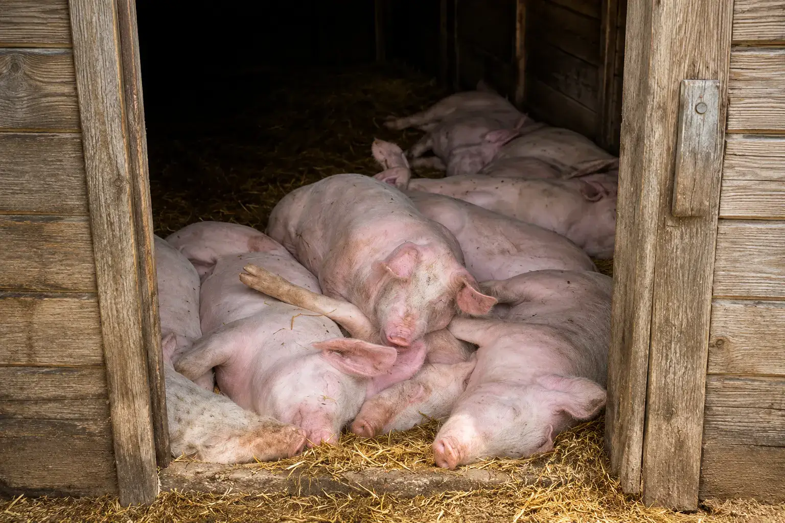 Pigs in a traditional wooden stable in Justistal, showing the authentic and muddy farm environment tourists should dress for