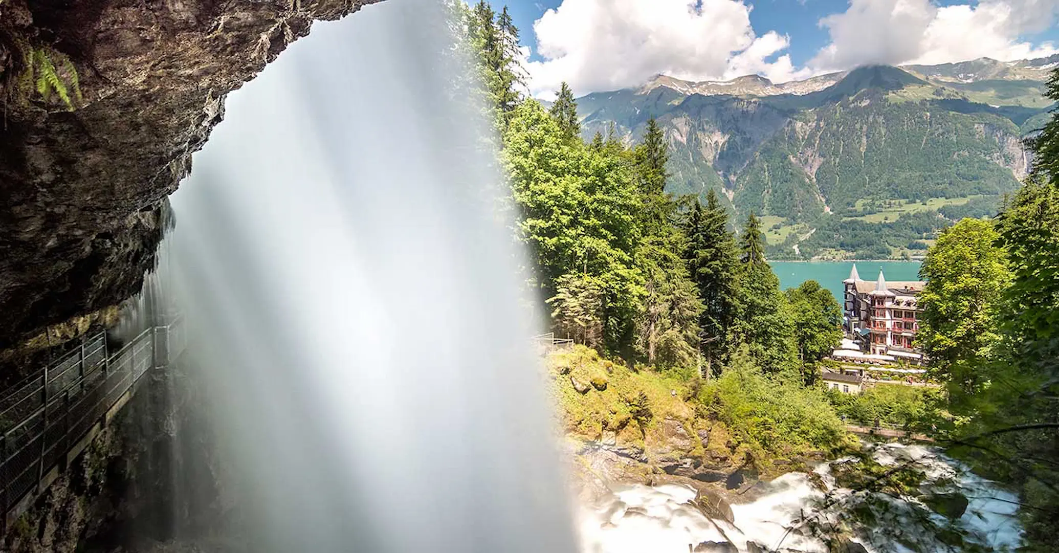 Giessbach Falls waterfall walkway and Grand Hotel above Lake Brienz, Bernese Oberland Switzerland