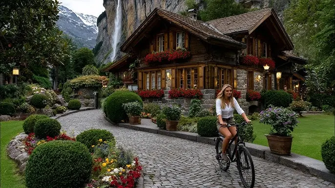 Woman cycling past a Swiss chalet with flower boxes and Staubbach waterfall in Lauterbrunnen village near Interlaken