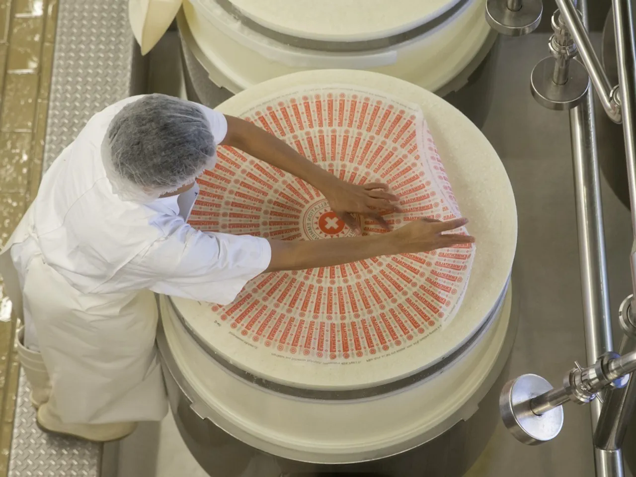 Dairy worker applying the casein label to a giant wheel of Emmentaler in a Swiss cheese dairy