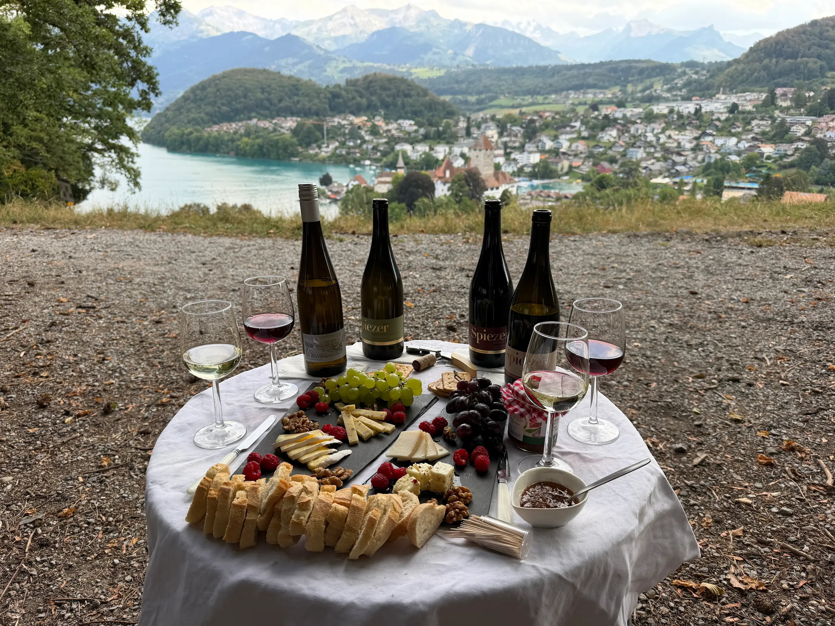 Wine and cheese tasting table above Lake Thun with four Spiezer wines and Spiez castle below, near Interlaken