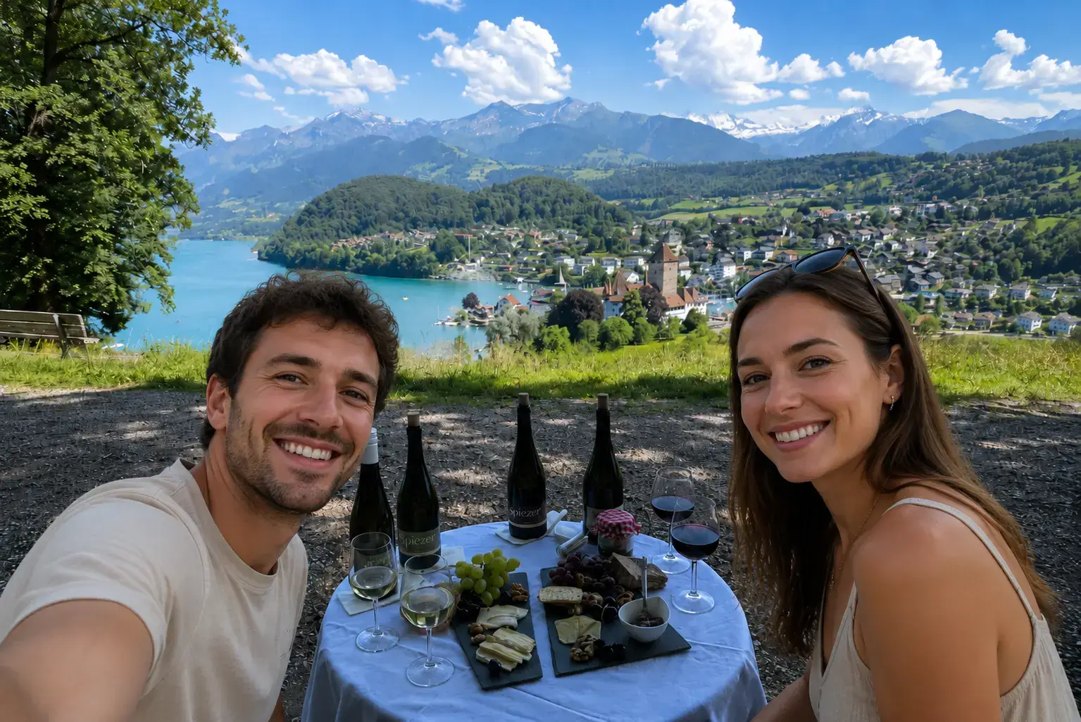 Couple at a Spiez wine tasting table with four Spiezer bottles and a cheese board above Lake Thun and the castle