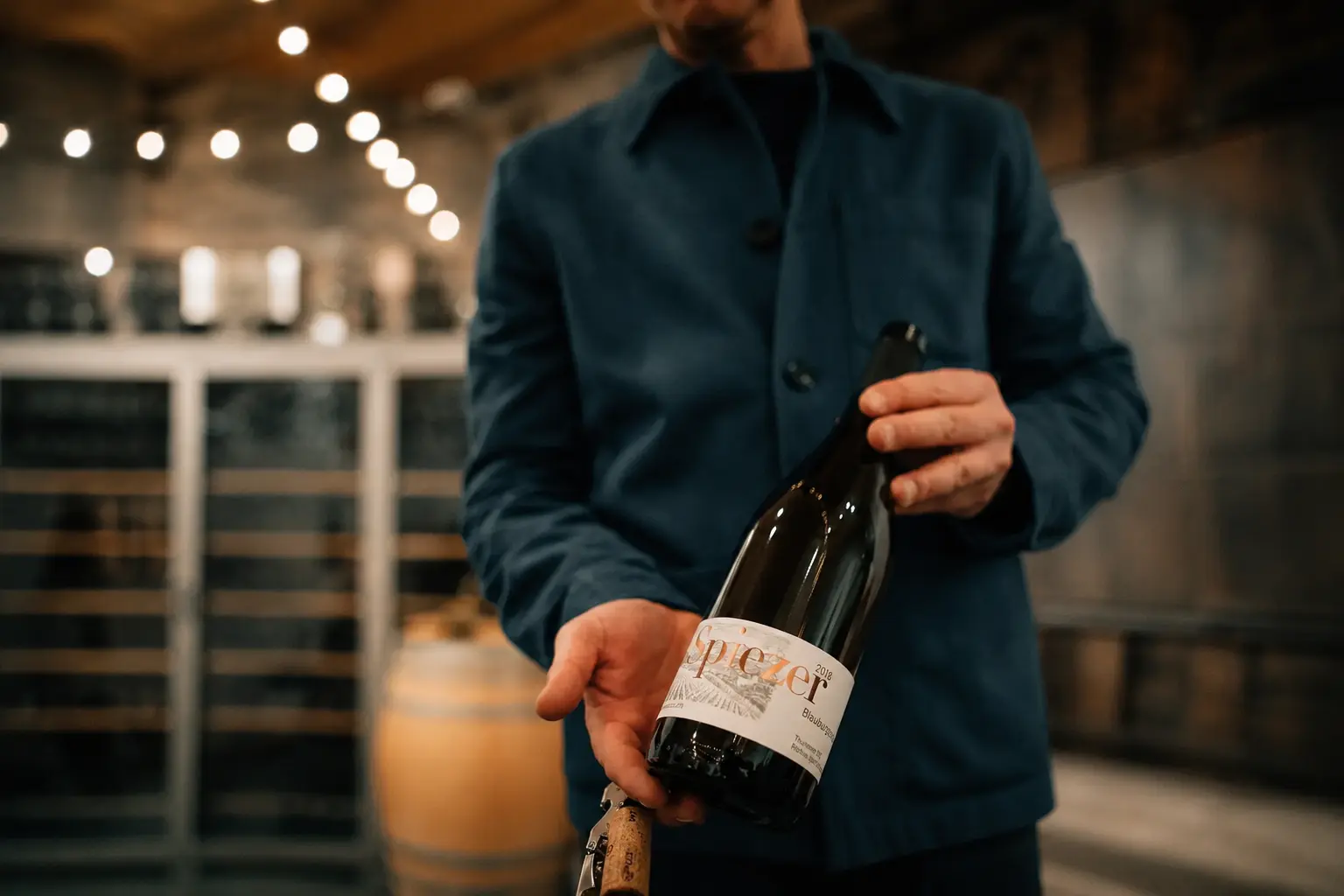 Bottle of Spiezer Blauburgunder 2018 presented in the Rebbau Spiez cellar, one of the four wines poured on the tour