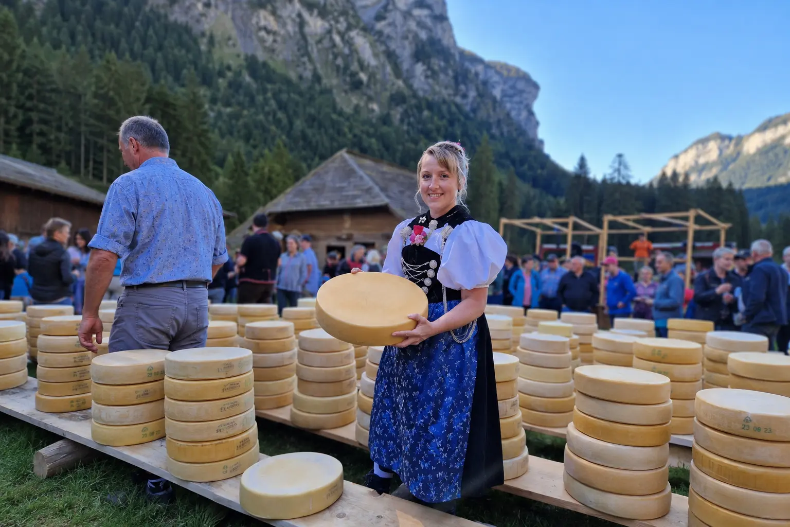 Village Chästeilet in Switzerland, a free September food event where the summer's alpine cheese is shared out